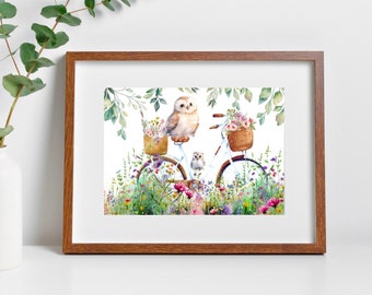 Owl Wall Art, Watercolor Owl Wall Decor, Woodland Animals Print, Cute Owl and Flowers Art, Floral Bicycle Wall Decor, Farmhouse Owl Decor