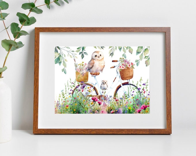 Owl Wall Art, Watercolor Owl Wall Decor, Woodland Animals Print, Cute Owl and Flowers Art, Floral Bicycle Wall Decor, Farmhouse Owl Decor