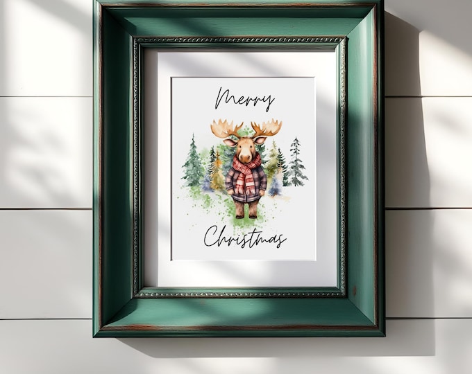 Watercolor Christmas Moose Print: Plaid Holiday Wall Art