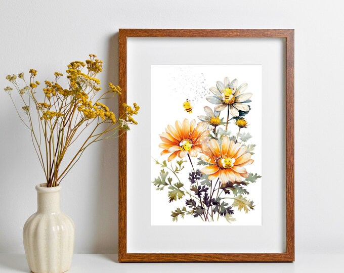 Bees and Flowers Print, Boho Daisy Wall Art, Watercolor Bees Wall Decor, Cute Bees Nursery Illustration, Orange Floral Wall Art,Bathroom Art
