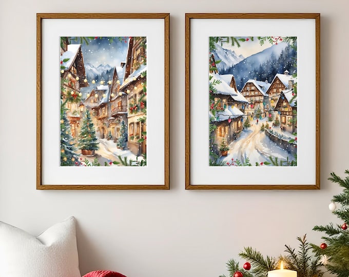 Bavarian Christmas Village Art Prints: Snowy Winter Wonderland Set