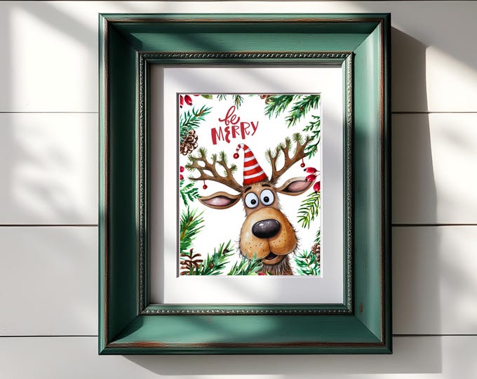 Be Merry Reindeer Christmas Art Print: Whimsical Holiday Wall Decor