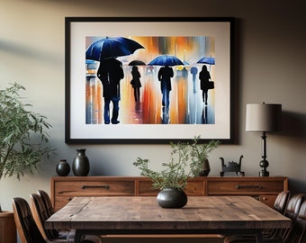 Rainy Day City Street Wall Art Print, Watercolor Rainy Day Wall Decor, Black Umbrellas Art Print, Morning Commute Wall Print, Wet Street Art