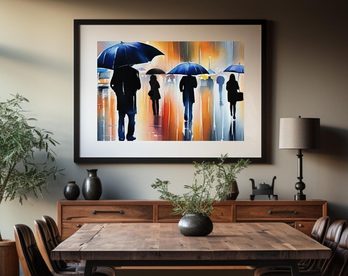 Rainy Day City Street Wall Art Print, Watercolor Rainy Day Wall Decor, Black Umbrellas Art Print, Morning Commute Wall Print, Wet Street Art