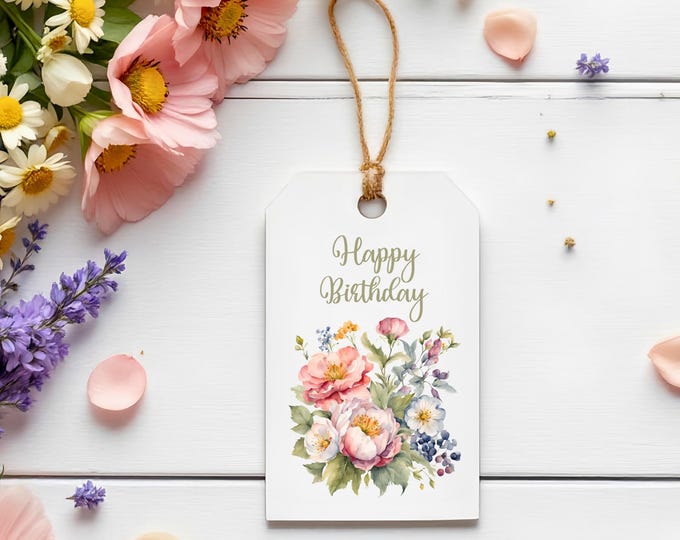 Printable Floral Birthday Gift Tags Set of 9, Pink Garden Flowers Digital Tags, Watercolor Happy Birthday Tags for Women, Instant Download