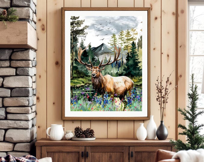 Watercolor Elk Print: Rustic Lodge Wall Art