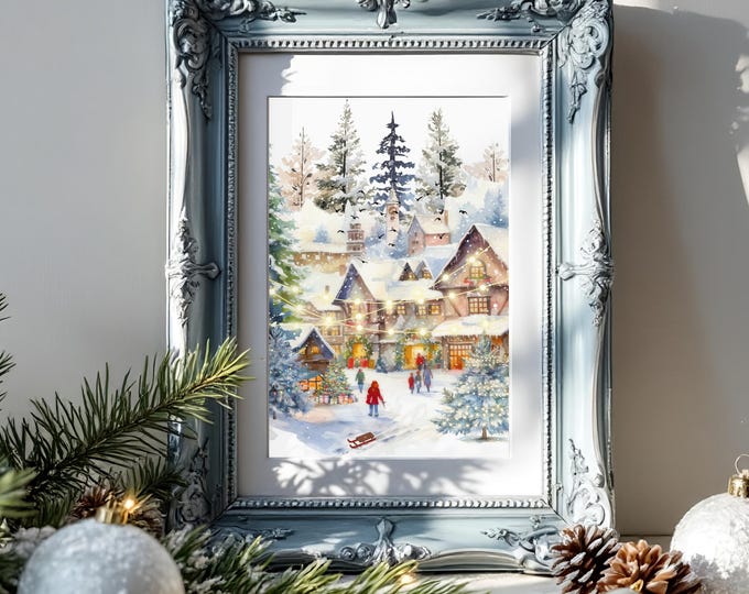 Bavarian Christmas Market Art Print: Watercolor Holiday Village Scene
