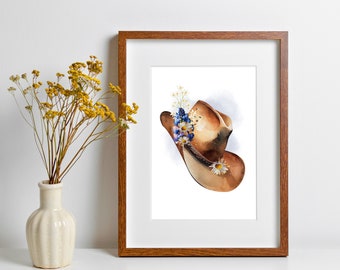 Floral Cowgirl Hat Print, Bluebonnet Wall Art, Farmhouse Decor, Bluebonnet Hat Illustration,  Blue Lupine Floral Print, Texas Wall Art