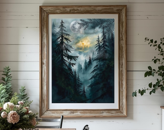 Seattle Skyline Art Print: Foggy Forest Landscape with Space Needle