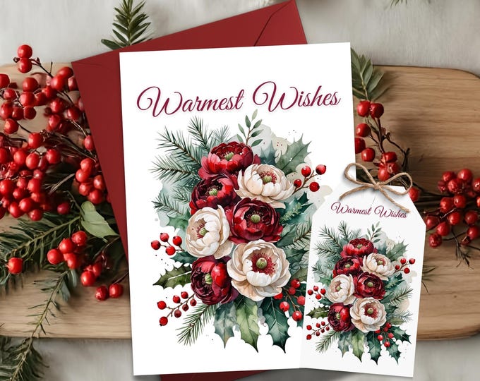 Floral Christmas Card and Gift Tag Set: Winter Berry Ranunculus Design