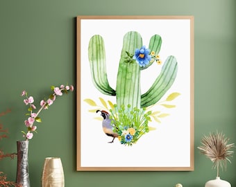 Quail Wall Art, Arizona Quail Print, Cactus Wall Art, Arizona Quail Decor, Arizona Cactus Print, Saguaro Wall Decor, Southwest Illustration