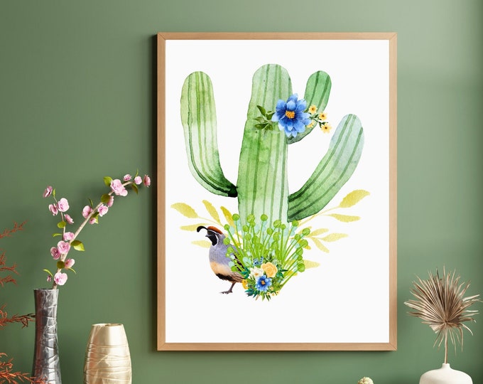 Quail Wall Art, Arizona Quail Print, Cactus Wall Art, Arizona Quail Decor, Arizona Cactus Print, Saguaro Wall Decor, Southwest Illustration