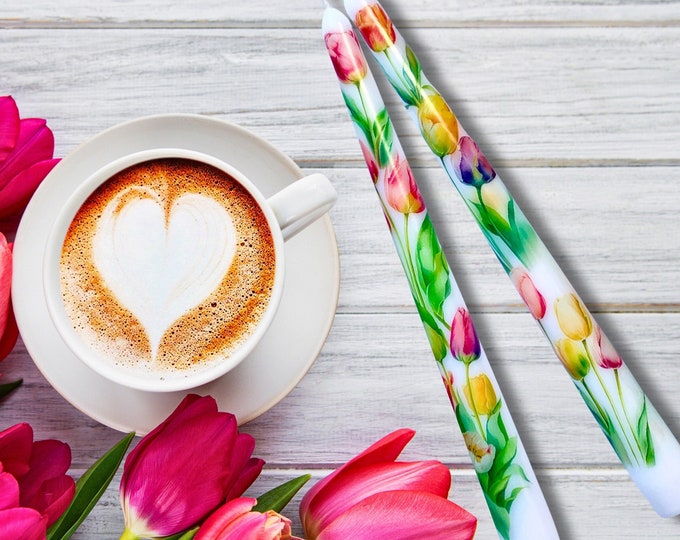 Tulip Taper Candles Set: Decorative Floral Easter Centerpiece with Keepsake Box