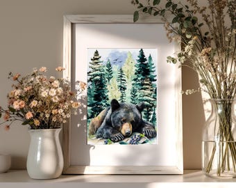 Watercolor Black Bear Art Print: Whimsical Forest Nature Decor