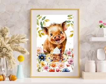 Pig Eating Pancakes Wall Print, Watercolor Pig Kitchen Wall Art, Farmhouse Pig Wall Decor, Farm Animal Print, Funny Kitchen Decor, Cute Art