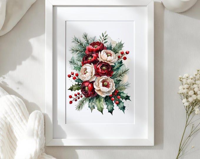 Christmas Ranunculus Watercolor Print: Red & Ivory Holiday Bouquet