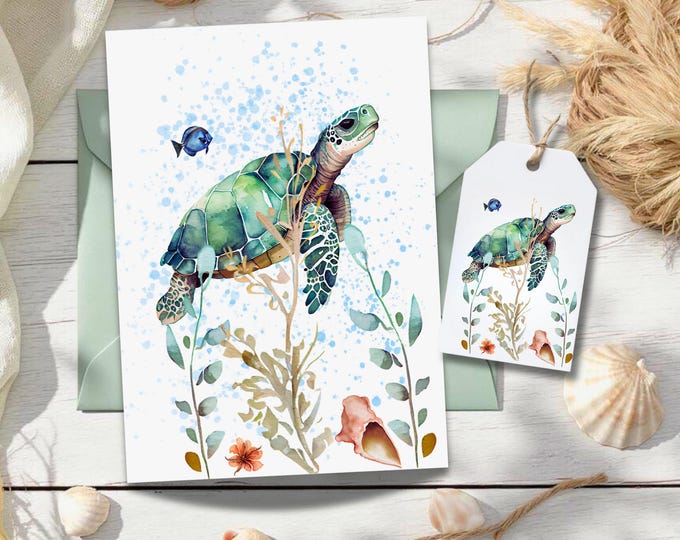 Sea Life Greeting Card, Watercolor Sea Turtle Stationery, Lover of Sea Turtle Birthday Greeting, Nautical Greeting Card, Under the Sea Card
