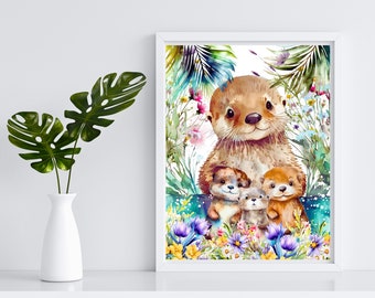 Otter Wall Art, Watercolor Otter Art Print, Otter Family Ilustration, Cute Otter Nursery Art, Mammal Wall Decor, Sea Lover Wall Art Print