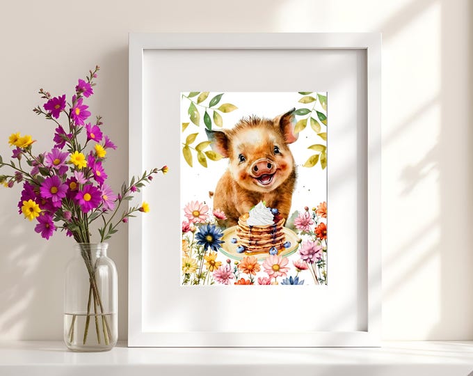 Pig Eating Pancakes Print: Watercolor Farmhouse Kitchen Art