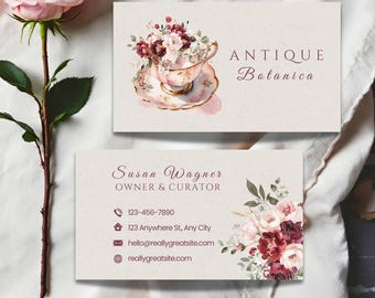 Custom Tea Cup Floral Business Cards: Burgundy and Blush Watercolor Calling Cards