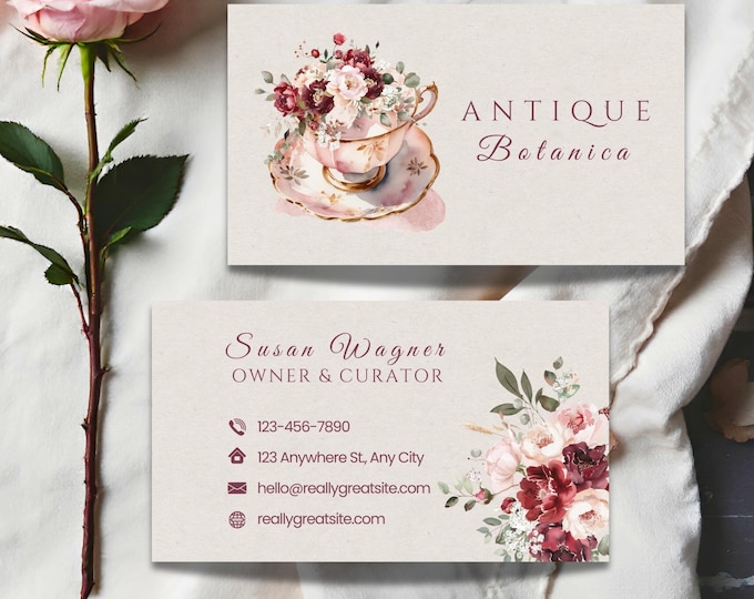 Custom Tea Cup Floral Business Cards: Burgundy and Blush Watercolor Calling Cards