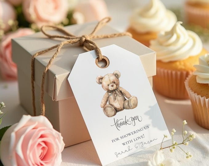 Baby Shower Bear Thank You Tags, Cute Teddy Bear Favor Tags for Showers, Gift Tag Set of 9 Editable in Canva, Cute Printable Thank You Tags