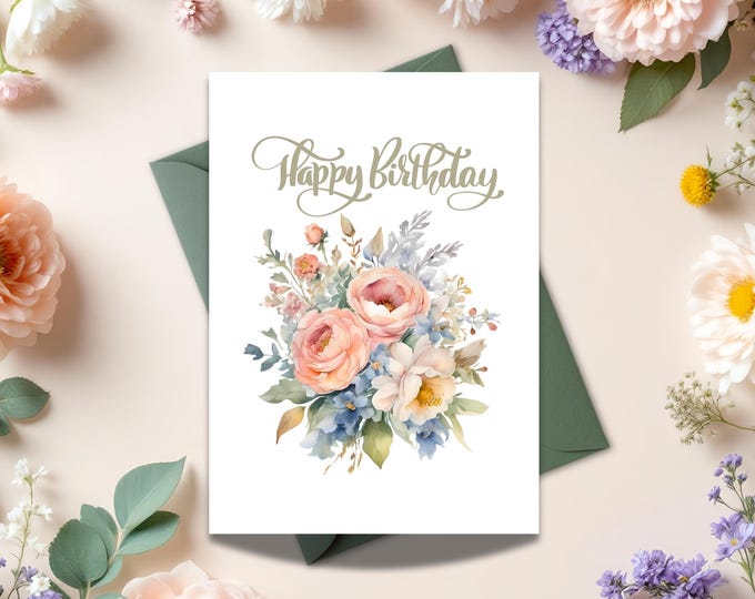 Pink Floral Watercolor Happy Birthday Card with Optional Gift Tag: Elegant Botanical Stationery