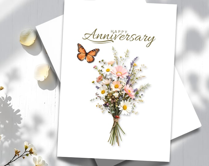 Anniversary Wildflower Bouquet Card: Cottagecore Butterfly Design