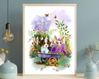 Puppy Art Print, Watercolor Beagle Wall Art, Cute Puppy Wall Decor, Puppy in a Wheelbarrow Print, Puppy in Yard Wall Print,Puppy Nursery Art