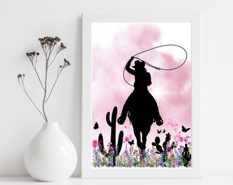 Pink Watercolor Cowgirl Print, Boho Cowgirl Wall Art, Western Wall Print, Cowgirl Silhouette, Girl on Horse Illustration, Southwest Decor