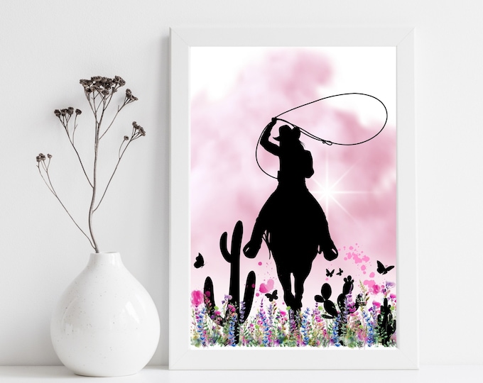 Pink Watercolor Cowgirl Print, Boho Cowgirl Wall Art, Western Wall Print, Cowgirl Silhouette, Girl on Horse Illustration, Southwest Decor
