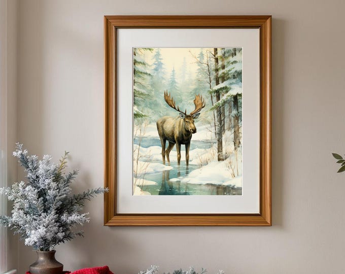 Vintage Watercolor Moose Print: Rustic Winter Wall Art