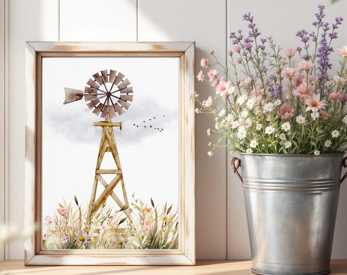 Watercolor Windmill Print: Rustic Flower Field Wall Art