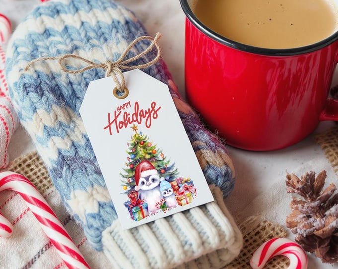 Christmas Printable Gift Tags – Set of 9 Cute Penguin Tags with Christmas Tree, Presents, and Blue Bows, Digital Holiday Tags for Wrapping