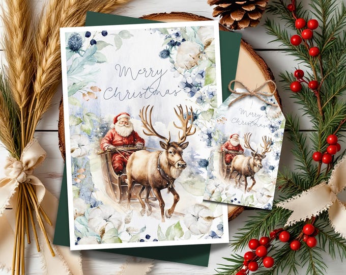Merry Christmas Card with Santa Sleigh and Reindeer, Winter Watercolor Holiday Greeting, 5x7 Blank Card with Envelope, Optional Tag & Twine