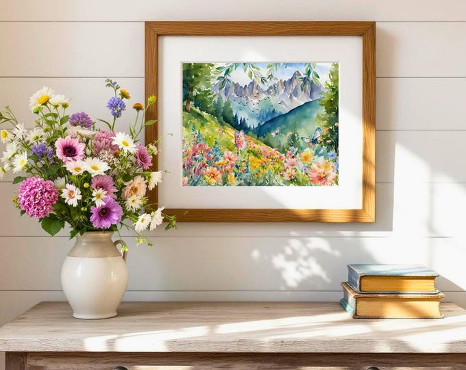 Alpine Meadow Watercolor Print: Bavarian Alps Landscape Art