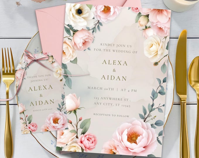 Blush Peony Wedding Invitation Template with Gift Tags: Editable Watercolor Floral Invite and Matching Tags