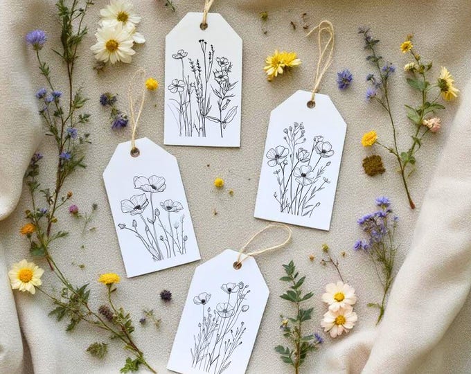 Botanical Gift Tags Set of 8, Wildflower Line Art Tags with Kraft String, Minimalist Floral Tag for Gifts, Rustic Nature-Inspired Stationery