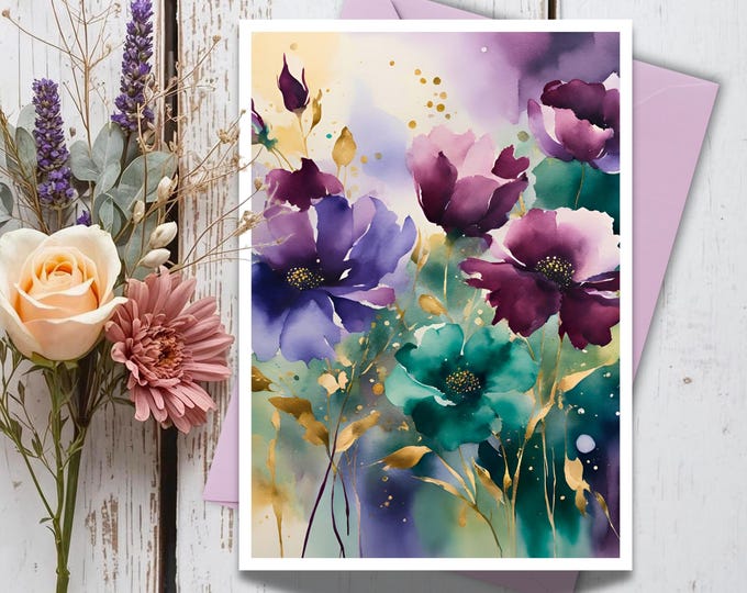 Burgundy Wildflowers Watercolor Greeting Card – Floral Card with Choice of Envelope Color