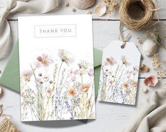 Thank You Card & Gift Tag Set, Wildflower Design with Envelope Choice, Matching Add-On for Gift Boxes, Weddings, Shops, and Boutique Orders