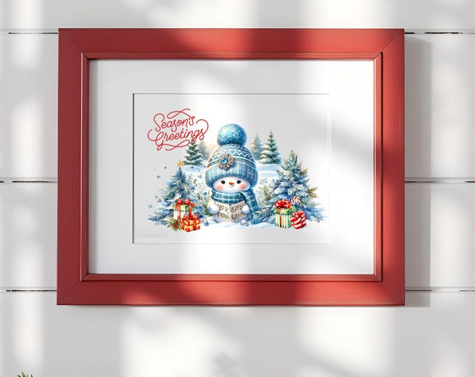 Blue Snowman Christmas Art Print: Farmhouse Holiday Decor