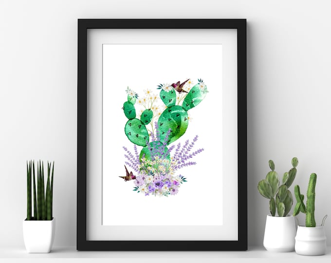 Cactus Wall Art, Purple Cactus Print, Arizona Humingbird Wall Art, Southwest Cactus Decor, Southwest Hummingbird Art, Arizona Cactus Decor