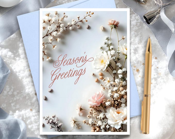 Winter Florals Season's Greeting Card; Holiday Botanical Card with Matching Gift Tag