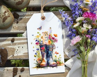 Rainboot + Mouse Printable Gift Tags, Set of 9 Digital Tags, Spring Garden Tags with Florals, Farmhouse Packaging for Baby Showers, + Gifts