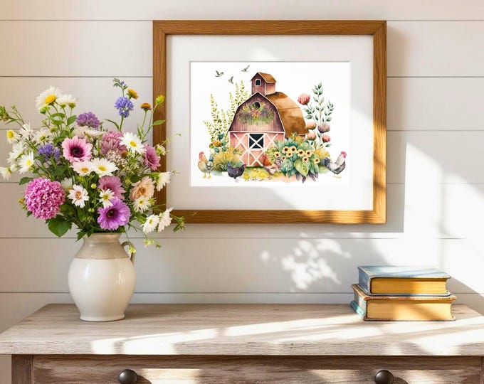 Watercolor Red Barn Chicken Art Print: Farmhouse Kitchen Decor