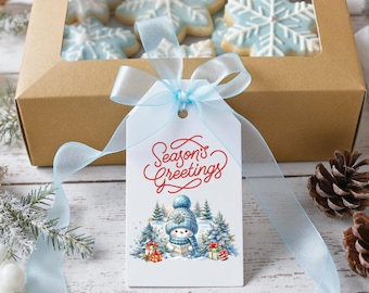 Season’s Greetings Snowman Gift Tags – Printable Blue Winter Holiday Tags for Presents, Wrapping, Stockings, Favor Bags, Winter Snowman Tags