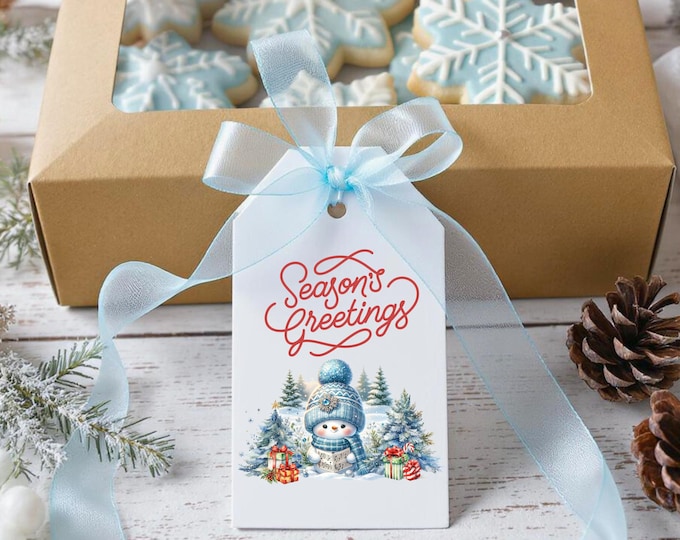 Season’s Greetings Snowman Gift Tags – Printable Blue Winter Holiday Tags for Presents, Wrapping, Stockings, Favor Bags, Winter Snowman Tags