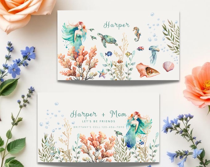 Under the Sea Playdate Cards for Girls, Mermaid Contact Cards for School & Activities, Personalized School Play Date Cards, Digital or Print