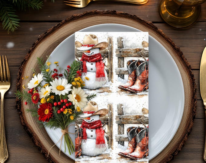 Cowboy Snowman Cloth Napkins (Set of 2): Rustic Western Christmas Decor