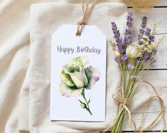 Printable Happy Birthday Gift Tags, Digital Green Rose Floral Tags for Wrapping, Watercolor Botanical Favor Tags for DIY Gifts, Set of 9